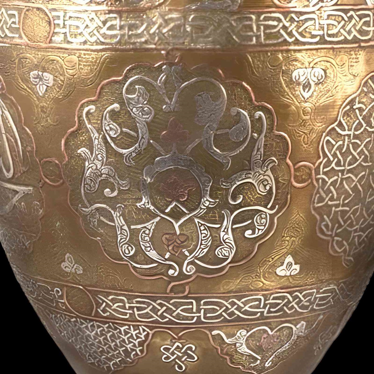 Armas y armaduras decoradas con metales preciosos a travs del arte de damasquinado, mostrando intrincados patrones que transforman estos objetos funcionales en obras de arte