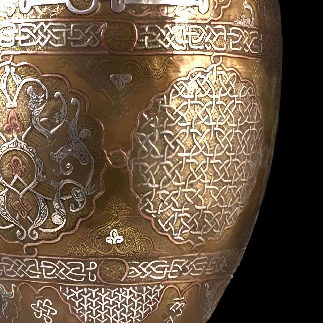 Armas y armaduras con damasquinado, mostrando la habilidad de Ardecor Internationale en el arte de embellecer objetos funcionales con metales preciosos